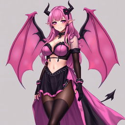 A realistic sexy submissive gothic anime succubus girl, featuring exquisite wings, slender thin horns, and a playful tail