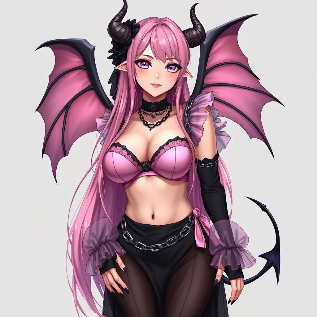 A realistic sexy submissive gothic anime succubus girl, featuring exquisite wings, slender thin horns, and a playful tail