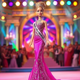 A glamorous beauty queen barbie doll, dressed in an elegant and sparkling evening gown with intricate beadwork, standing confidently on a stage with colorful lights and a majestic backdrop