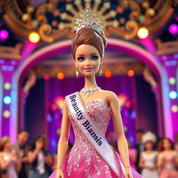 A glamorous beauty queen barbie doll, dressed in an elegant and sparkling evening gown with intricate beadwork, standing confidently on a stage with colorful lights and a majestic backdrop