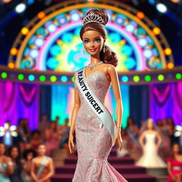 A glamorous beauty queen barbie doll, dressed in an elegant and sparkling evening gown with intricate beadwork, standing confidently on a stage with colorful lights and a majestic backdrop