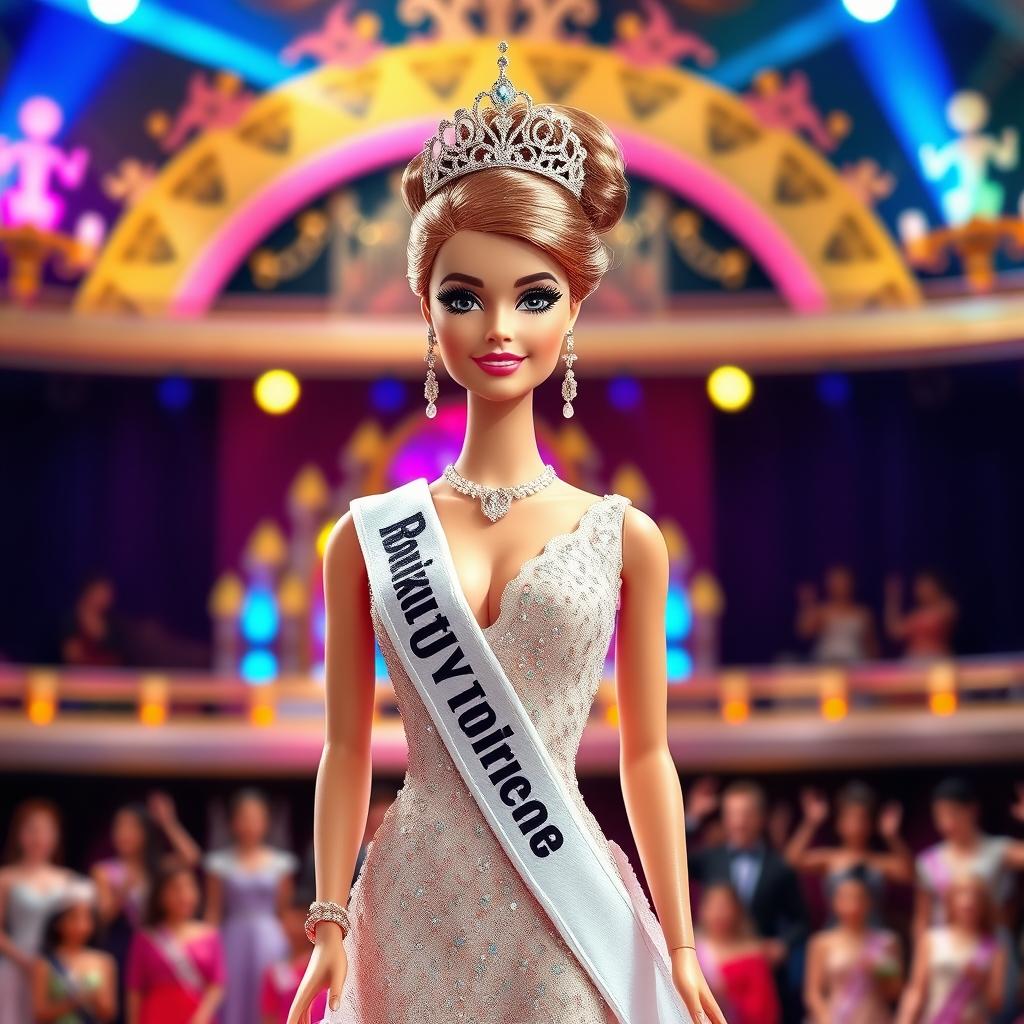 A glamorous beauty queen barbie doll, dressed in an elegant and sparkling evening gown with intricate beadwork, standing confidently on a stage with colorful lights and a majestic backdrop
