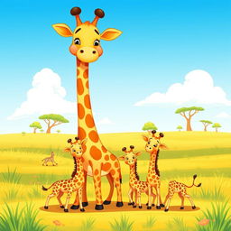 A charming and colorful illustration for a children's book cover featuring a cartoon-style mother giraffe with her adorable baby giraffes