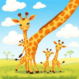A charming and colorful illustration for a children's book cover featuring a cartoon-style mother giraffe with her adorable baby giraffes