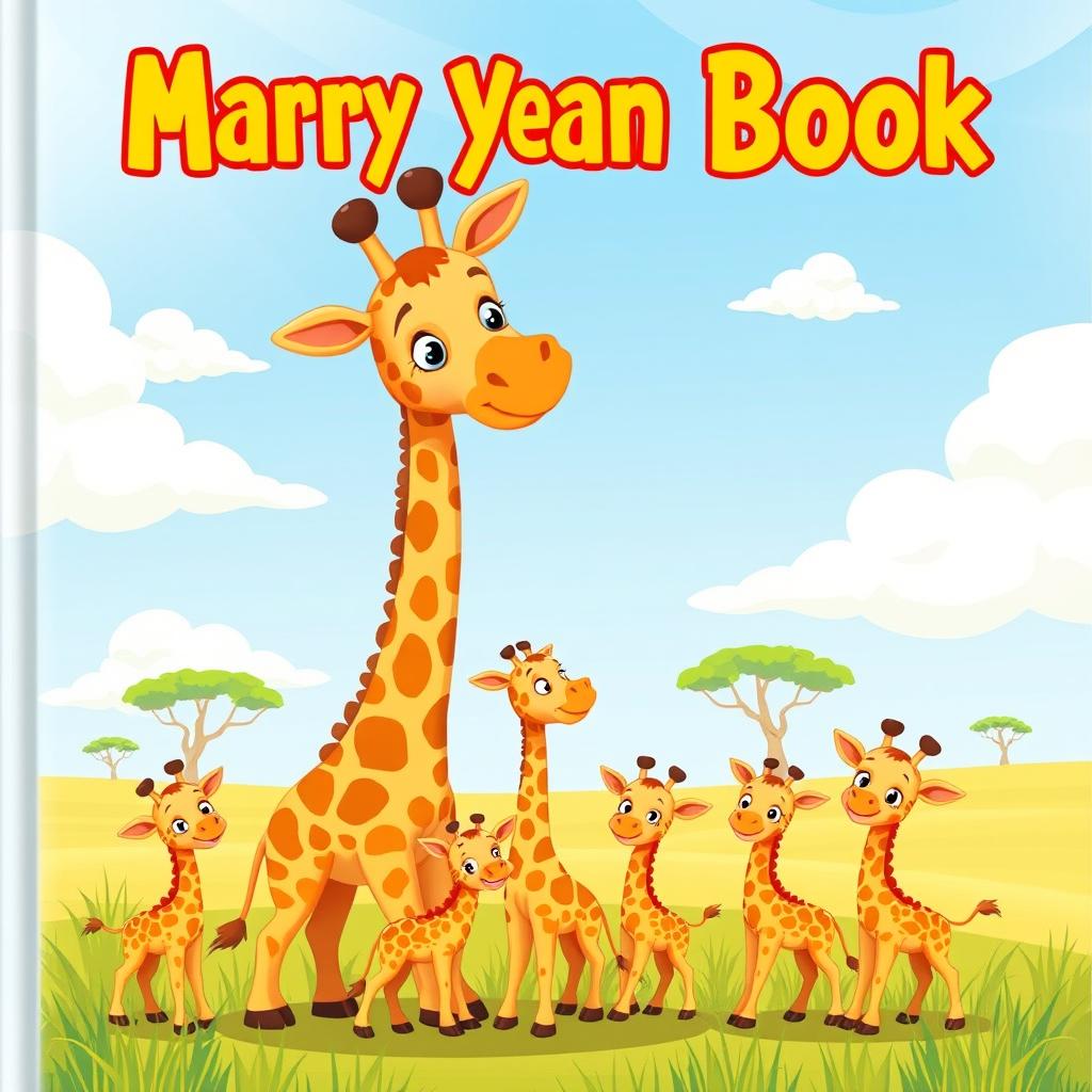 A charming and colorful illustration for a children's book cover featuring a cartoon-style mother giraffe with her adorable baby giraffes