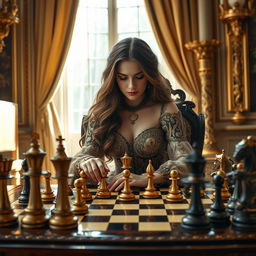 A regal woman with long flowing hair, dressed in a luxurious, elegant gown adorned with intricate patterns, playing chess in a grand room