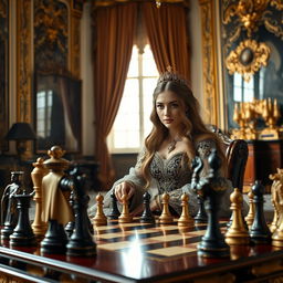 A regal woman with long flowing hair, dressed in a luxurious, elegant gown adorned with intricate patterns, playing chess in a grand room