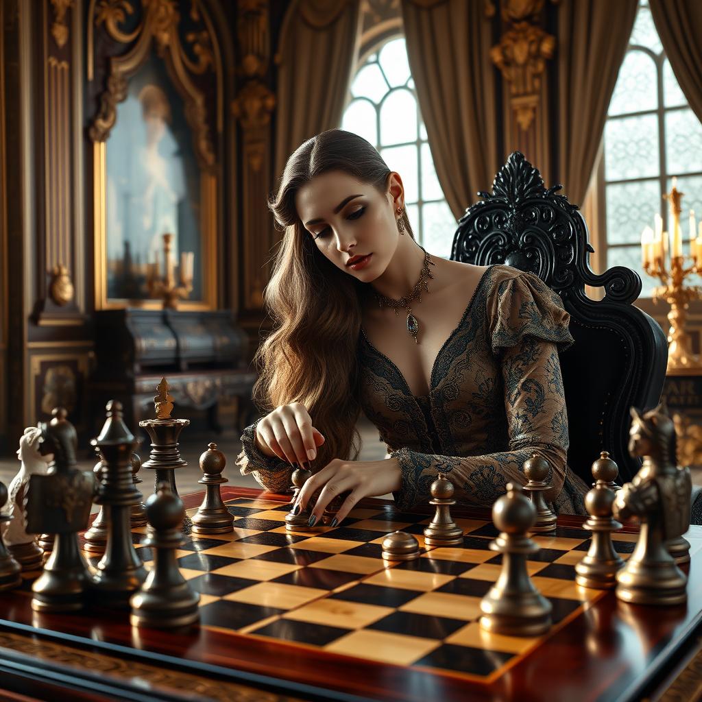 A regal woman with long flowing hair, dressed in a luxurious, elegant gown adorned with intricate patterns, playing chess in a grand room
