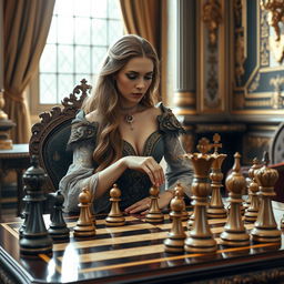A regal woman with long flowing hair, dressed in a luxurious, elegant gown adorned with intricate patterns, playing chess in a grand room