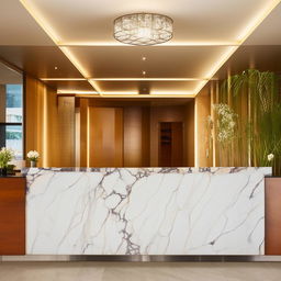 Hotel reception boasting a modern design, featuring white marble interiors to accentuate its contemporary appeal.