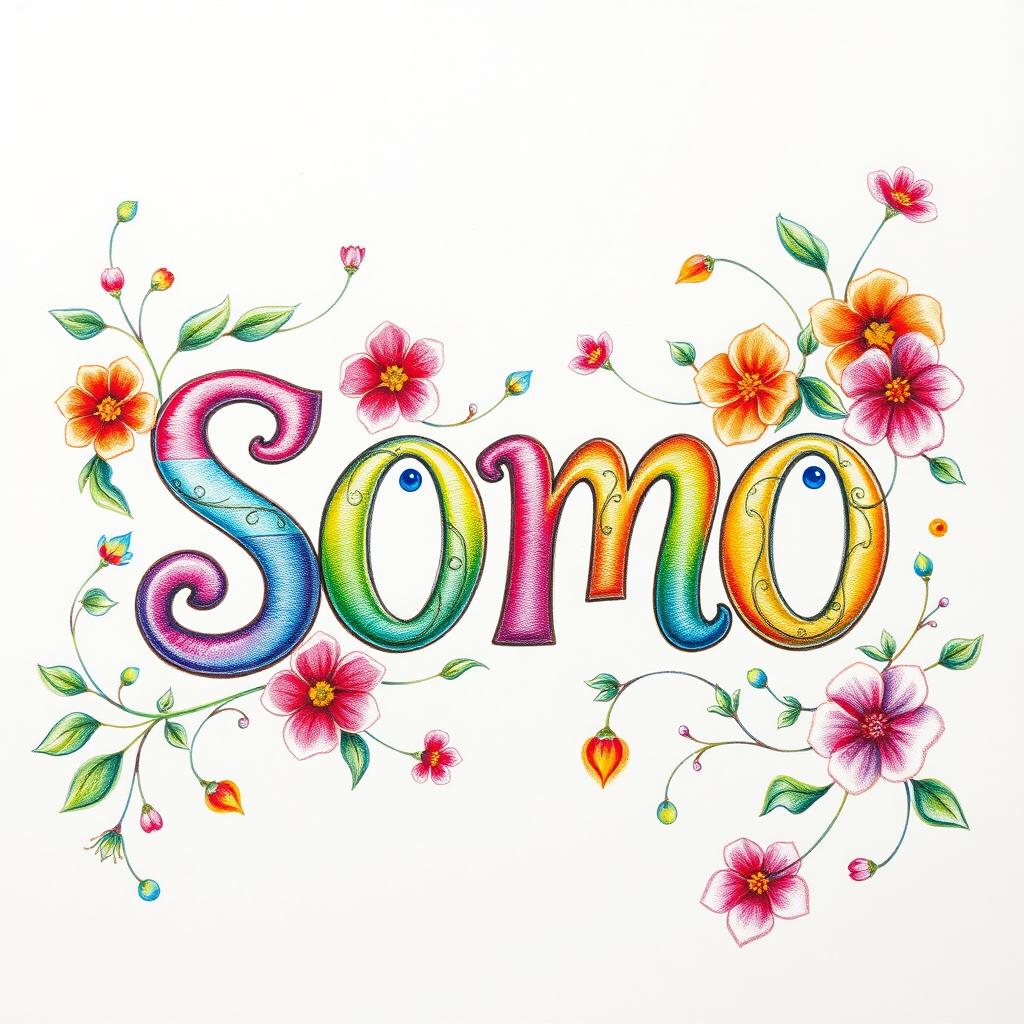 A beautifully crafted colored pencil drawing featuring the name 'Somo' as the central focus
