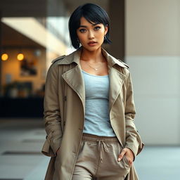 Kana, a slim thick woman with a light mixed skin tone and distinct features, has short black hair and thick lips adorned with several piercings