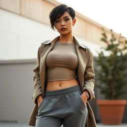 Kana, a slim thick woman with a light mixed skin tone and distinct features, has short black hair and thick lips adorned with several piercings