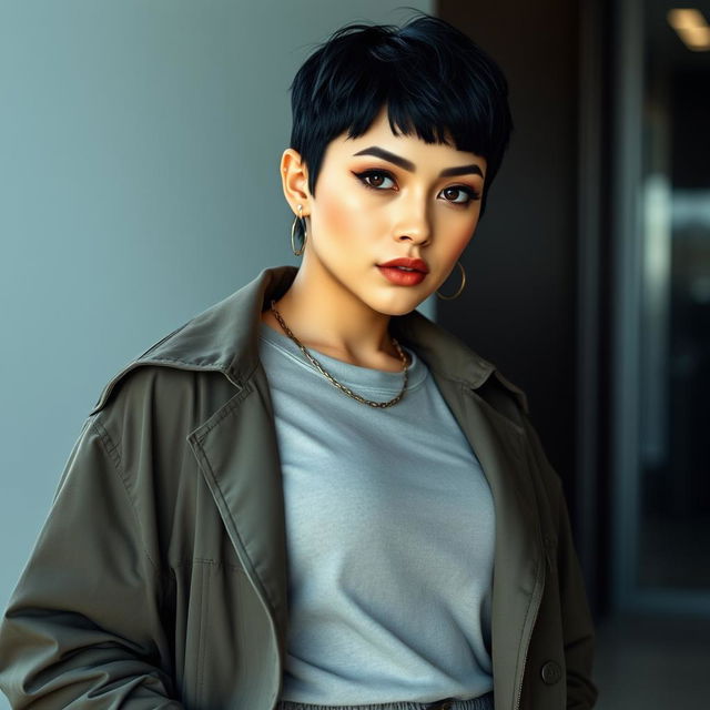 Kana, a slim thick woman with a light mixed skin tone and distinct features, has short black hair and thick lips adorned with several piercings