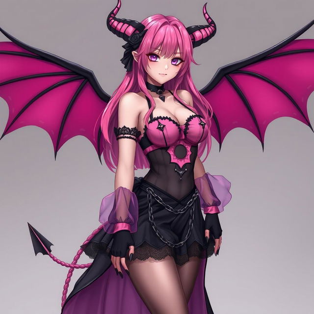 A realistic sexy submissive gothic anime succubus girl with elegant wings, slender thin horns, and a mischievous tail