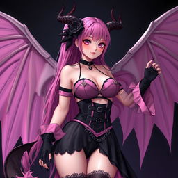 A realistic sexy submissive gothic anime succubus girl with elegant wings, slender thin horns, and a mischievous tail