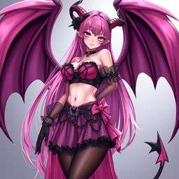 A realistic sexy submissive gothic anime succubus girl with elegant wings, slender thin horns, and a mischievous tail