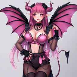 A realistic sexy submissive gothic anime succubus girl with elegant wings, slender thin horns, and a mischievous tail