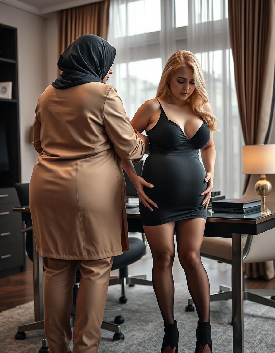 A 50-year-old blonde woman wearing a hijab, featuring a voluptuous figure with massive breasts, is seen from the rear, providing a sensual massage to a 40-year-old European woman