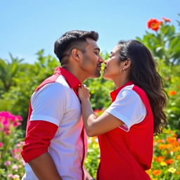 A passionate scene of two people in a beautiful outdoor setting, wearing vibrant red and white shirts, leaning towards each other, lips just about to meet in a romantic kiss