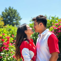 A passionate scene of two people in a beautiful outdoor setting, wearing vibrant red and white shirts, leaning towards each other, lips just about to meet in a romantic kiss