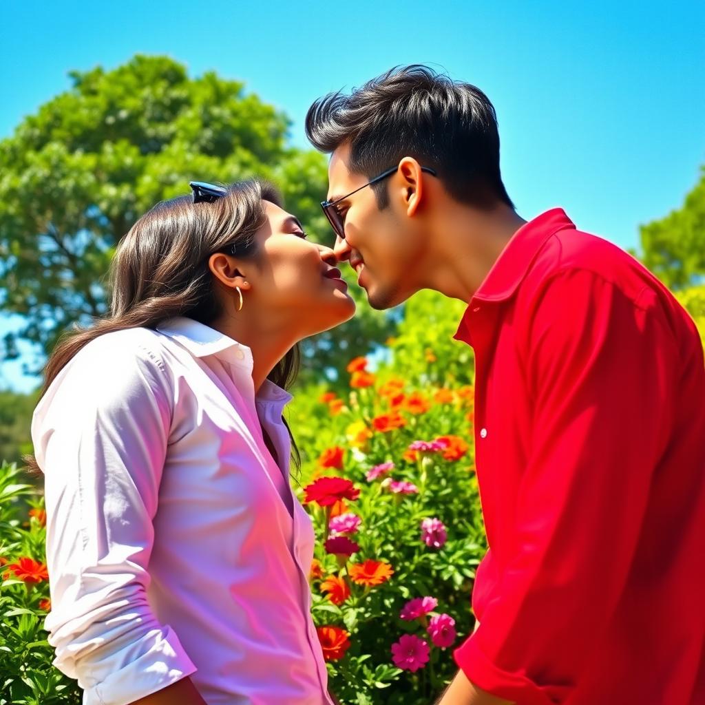 A passionate scene of two people in a beautiful outdoor setting, wearing vibrant red and white shirts, leaning towards each other, lips just about to meet in a romantic kiss