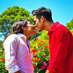 A passionate scene of two people in a beautiful outdoor setting, wearing vibrant red and white shirts, leaning towards each other, lips just about to meet in a romantic kiss