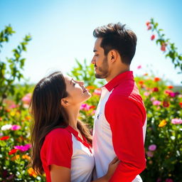 A passionate scene of two people in a beautiful outdoor setting, wearing vibrant red and white shirts, leaning towards each other, lips just about to meet in a romantic kiss