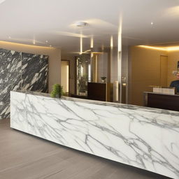 Hotel reception boasting a modern design, featuring white marble interiors to accentuate its contemporary appeal.