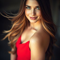 A portrait of a striking woman with long flowing hair cascading over her shoulders