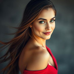 A portrait of a striking woman with long flowing hair cascading over her shoulders