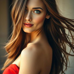 A portrait of a striking woman with long flowing hair cascading over her shoulders