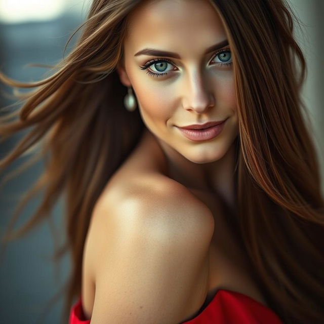 A portrait of a striking woman with long flowing hair cascading over her shoulders