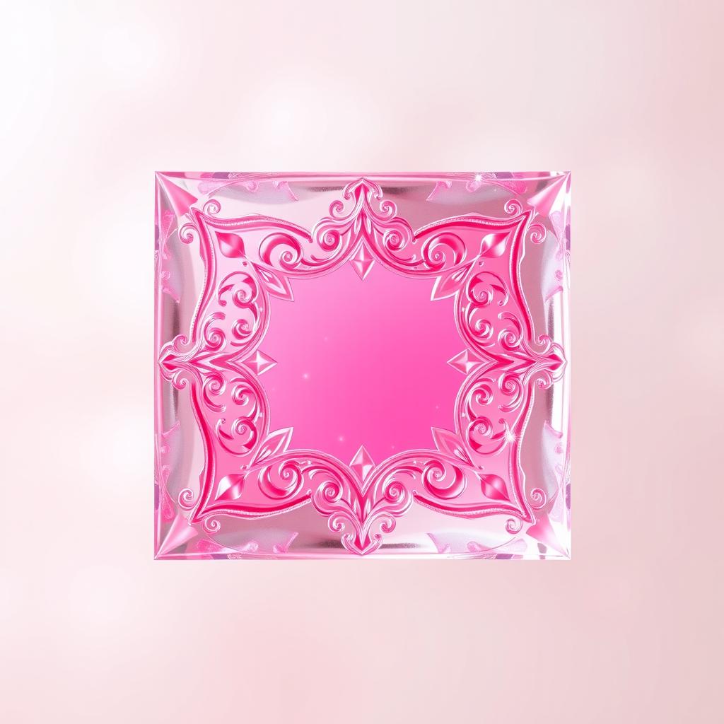 A captivating pink square, beautifully designed with intricate patterns and a glossy, reflective surface