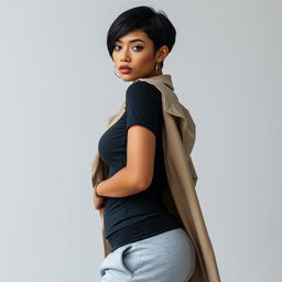 Kana, a slim thick woman with a light mixed skin tone and distinct features, boasts short black hair and thick lips decorated with multiple piercings