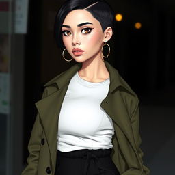 Kana, a slim thick woman with a light mixed skin tone and distinct features, boasts short black hair and thick lips decorated with multiple piercings