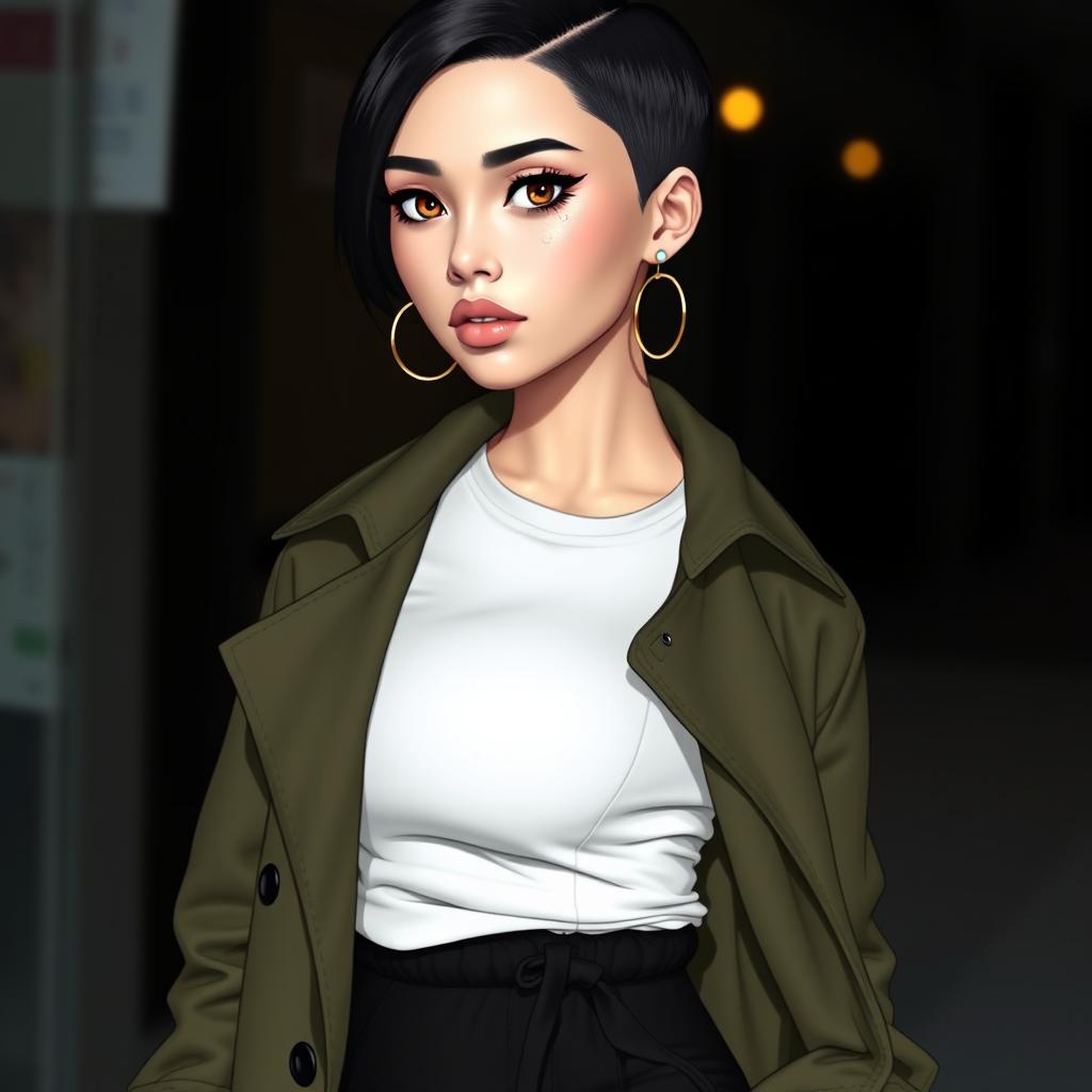 Kana, a slim thick woman with a light mixed skin tone and distinct features, boasts short black hair and thick lips decorated with multiple piercings