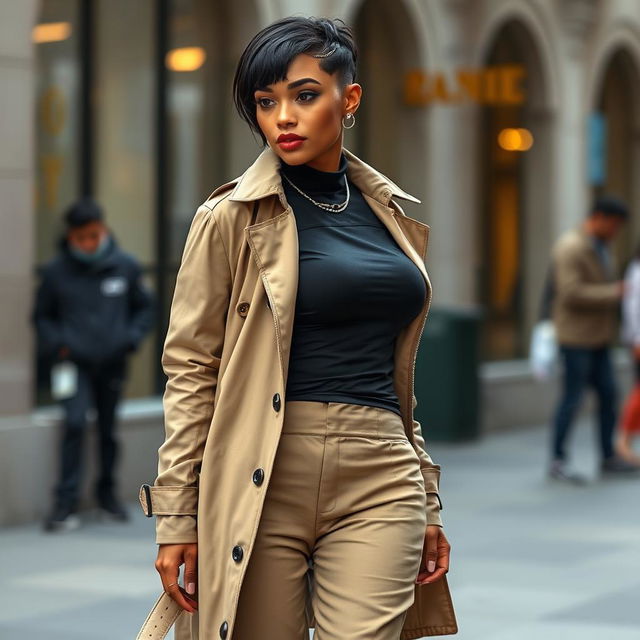 Kana, a slim thick woman with a light mixed skin tone and distinct features, boasts short black hair and thick lips decorated with multiple piercings