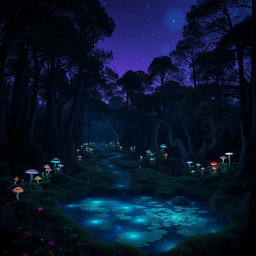 A mysterious and enchanting forest at twilight, dense trees with glowing, bioluminescent plants scattered throughout, casting a soft blue-green light