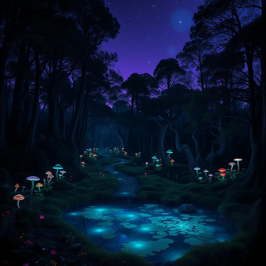 A mysterious and enchanting forest at twilight, dense trees with glowing, bioluminescent plants scattered throughout, casting a soft blue-green light