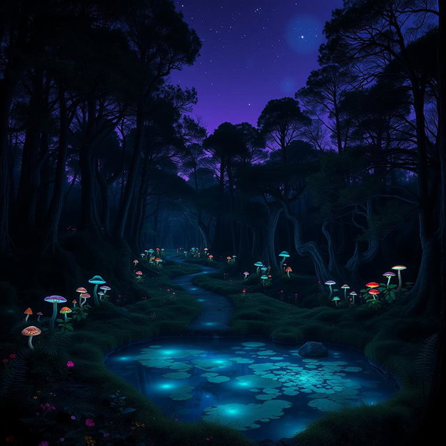 A mysterious and enchanting forest at twilight, dense trees with glowing, bioluminescent plants scattered throughout, casting a soft blue-green light