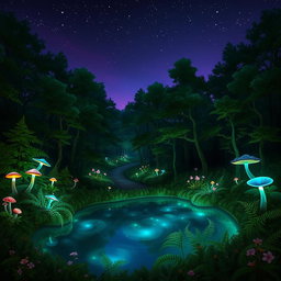 A mysterious and enchanting forest at twilight, dense trees with glowing, bioluminescent plants scattered throughout, casting a soft blue-green light