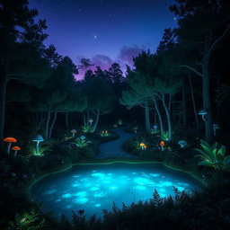 A mysterious and enchanting forest at twilight, dense trees with glowing, bioluminescent plants scattered throughout, casting a soft blue-green light