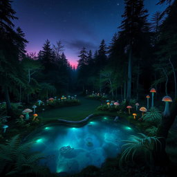A mysterious and enchanting forest at twilight, dense trees with glowing, bioluminescent plants scattered throughout, casting a soft blue-green light