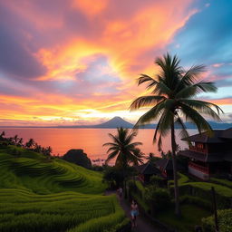 A stunning landscape of Indonesia's natural beauty, featuring lush green rice terraces, a serene beach at sunset, and traditional Balinese architecture