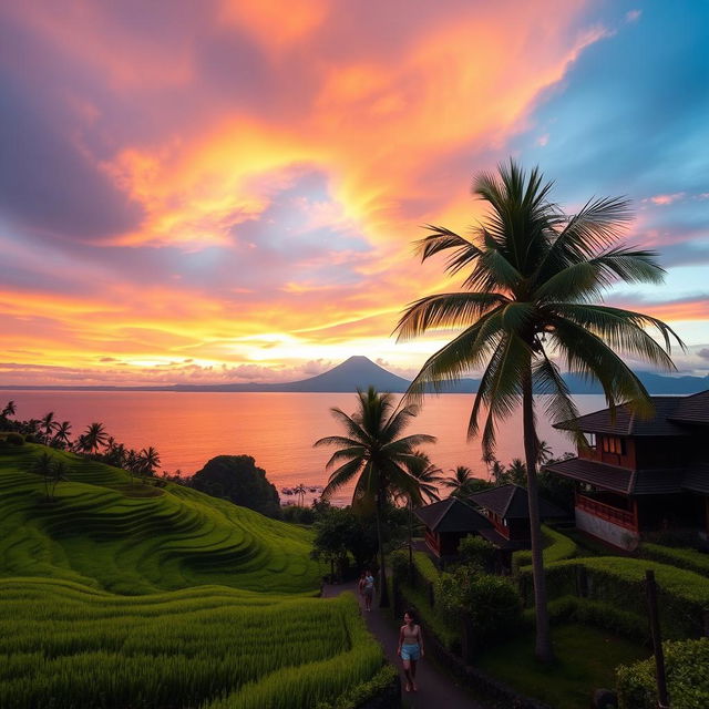 A stunning landscape of Indonesia's natural beauty, featuring lush green rice terraces, a serene beach at sunset, and traditional Balinese architecture