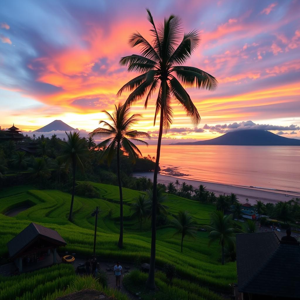 A stunning landscape of Indonesia's natural beauty, featuring lush green rice terraces, a serene beach at sunset, and traditional Balinese architecture