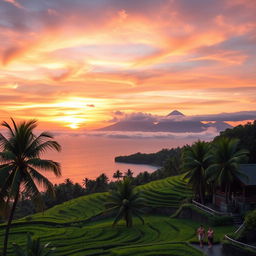 A stunning landscape of Indonesia's natural beauty, featuring lush green rice terraces, a serene beach at sunset, and traditional Balinese architecture