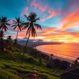 A stunning landscape of Indonesia's natural beauty, featuring lush green rice terraces, a serene beach at sunset, and traditional Balinese architecture