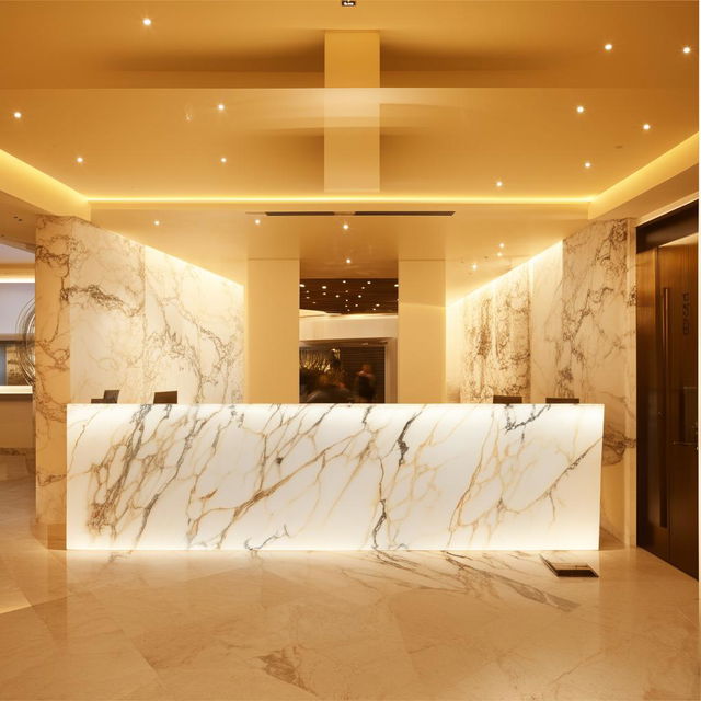 Hotel reception boasting a modern design, featuring white marble interiors to accentuate its contemporary appeal.